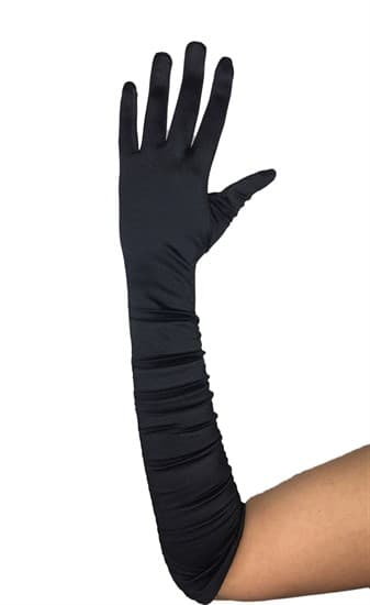 Черные атласные перчатки со сборкой до локтя - фото 13153