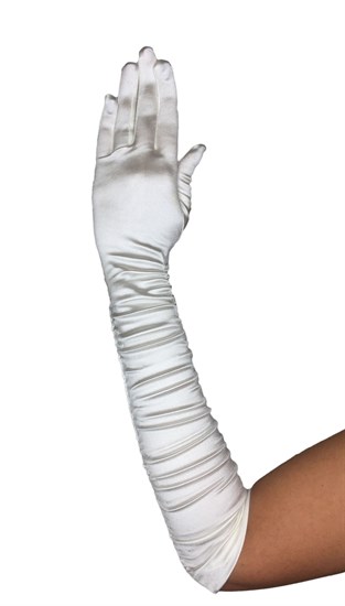 Белые атласные перчатки по локоть со сборками - фото 14171