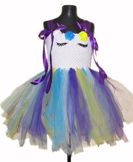 Нарядное детское белое платье из фатина Единорог с фиолетовой лентой - фото 17770