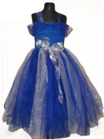 Пышное детское платье в пол из фатина ярко-синее с блестками - фото 17799