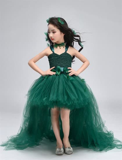 Темно-зеленое детское пышное платье из фатина со шлейфом - фото 18034