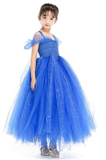 Синее детское пышное платье в пол с блестками - фото 18122