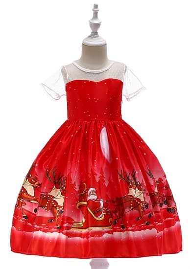 Новогоднее детское красное платье с принтом и прозрачными рукавами - фото 18199