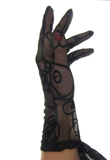 Короткие перчатки сетка с бархатным рисунком. Черные