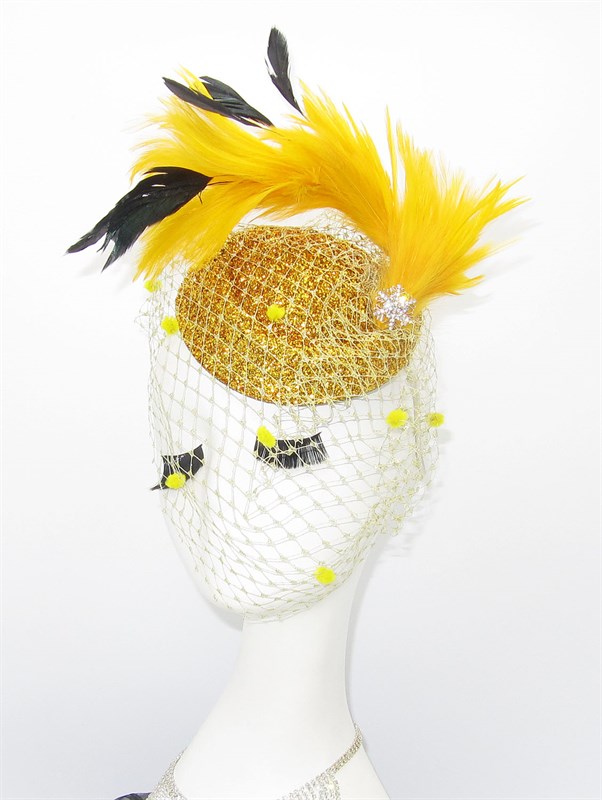 4518. Блестящая шляпка с вуалью Жанет с шикарными перьями. Золотая - фото 23515