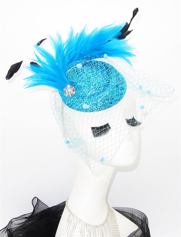 4521. Блестящая шляпка с вуалью Жанет с шикарными перьями. Голубая - фото 23525