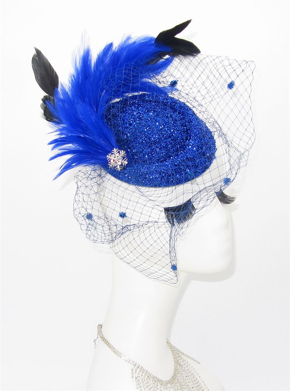 4522. Блестящая шляпка с вуалью Жанет с синими перьями - фото 23529