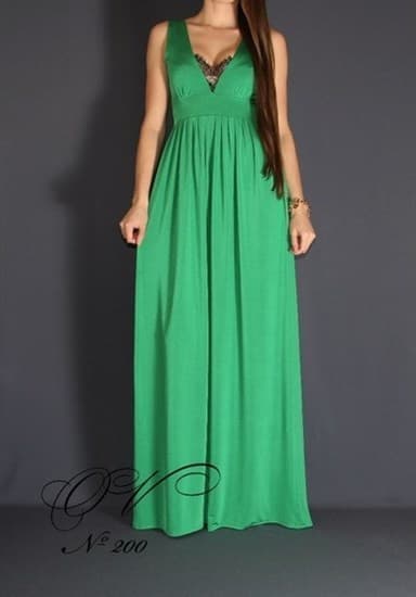 Зеленое платье в пол с глубоким декольте с кружевом - фото 5263