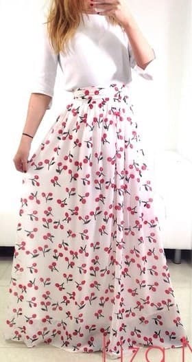 Шифоновая юбка в пол молочного цвета с вишенками - фото 6339