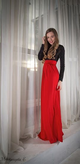 Красное платье в пол с черным бархатным верхом - фото 6444