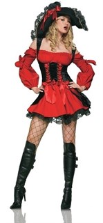 Карнавальный костюм пиратки. Красное платье с черным велюром
