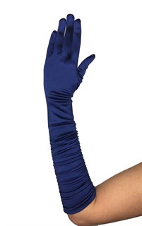 Темно-синие атласные перчатки со сборкой до локтя