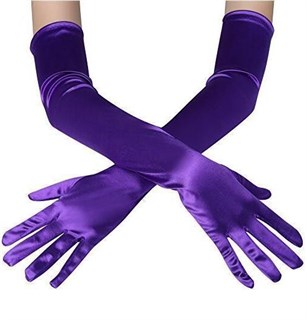 Длинные атласные фиолетовые перчатки