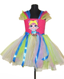 Нарядное детское платье из фатина ярко-розовое с LOL