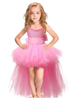 Розовое детское нарядное платье из фатина со шлейфом