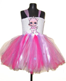 Праздничное детское розовое платье из фатина с LOL принцессой