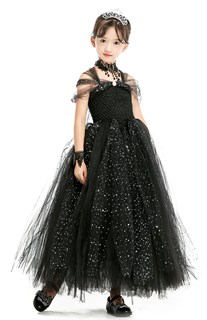Черное пышное платье в пол с блестками