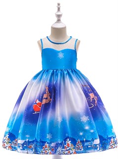 Новогоднее детское голубое платье с принтом