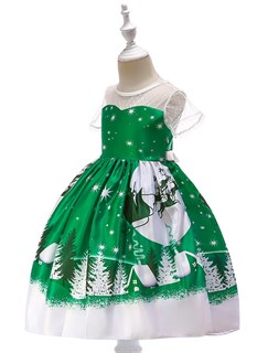 Новогоднее детское зеленое платье с принтом и прозрачными рукавами