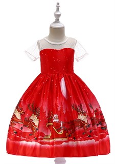 Новогоднее детское красное платье с принтом и прозрачными рукавами