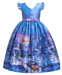 Новогоднее детское голубое платье с красивым принтом