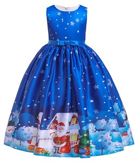 Новогоднее детское синее платье с ярким принтом с Сантой