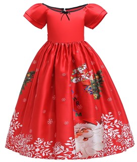 Новогоднее детское красное платье с ярким принтом Елка