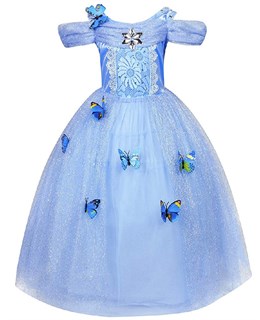 Пышное голубое длинное платье Золушки с бабочками
