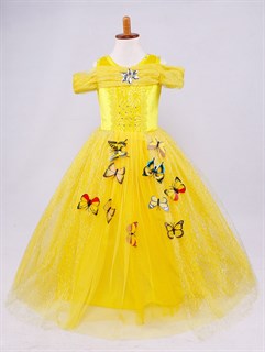Пышное желтое длинное платье Бэль с бабочками