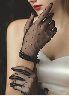 Черные прозрачные перчатки с мушками и лентой - фото 21774