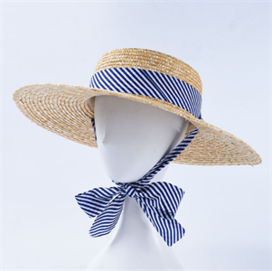 4575. Летняя шляпка канотье с широкими полями из соломки с полосатой лентой