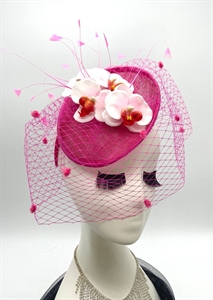 Шляпка с вуалью и орхидеями Кендис. Ярко-розовая
