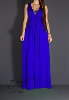 Синее платье в пол с глубоким декольте и кружевом. 200