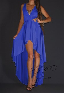 Синее платье короткое спереди и длинное сзади. 257