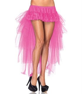 Кружевная мини юбка с длинным хвостом из сетки. Розовый