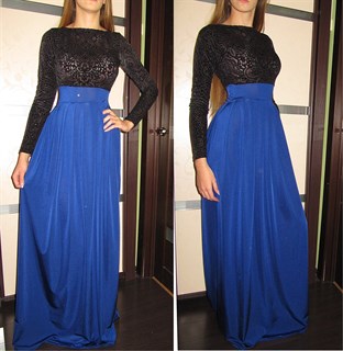 Голубое платье в пол с черным верхом из панбархата - фото 6490